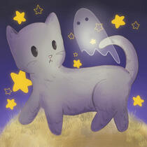 Cat on purple background with stars, and a small ghost friend.
