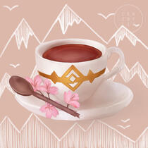 Digital drawing of a teacup with a simple mountain-design background. Beside the teacup is a wooden spoon with cherry blossoms growing from it.